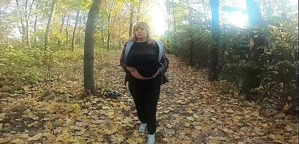  Chubby on forest smoking and play with toy with  boobs